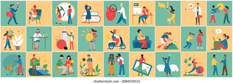 Community of people of different professions and activities vector illustration. Cartoon woman and man characters work at home, garden or in office, pay for purchases, cook and do yoga background