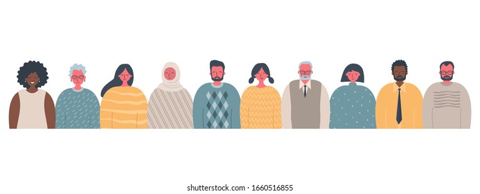 Community Of People Of Different Sexes, Races And Ages. International Group Of People. There Are Women, Men, Older People And Young People In The Picture. Vector Illustration On A White Background.