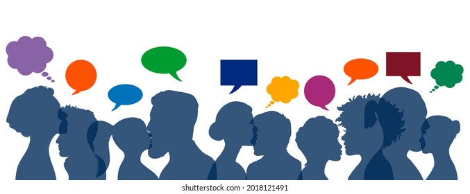 Community people heads silhouette with colorful thinking and speech boxes panorama banner team vector. Human chatting and communication concept