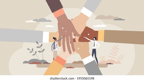 Community people holding hands together as social unity tiny person concept. Multiracial society crowd teamwork and partnership gesture for inspiration and loyalty vector illustration. Public union.