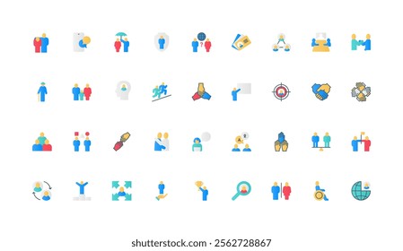 Community of people, human society communication, employees team and family color icon set. Social inclusion and gender, handshake of partnership, members of group flat elements vector illustration