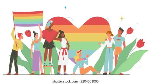 Community of people with LGBT pride heart symbol vector illustration. Cartoon man and woman hold rainbow flag, diversity of characters meeting in support of homosexual love, peace and LGBTQ lifestyle