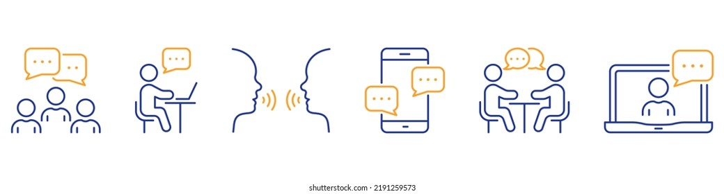 Community People Line Icon Set. People Text Message Chat, Talk Online Speech Bubble Linear Pictogram. Video Conversation Human Resource Outline Icon. Editable Stroke. Isolated Vector Illustration.