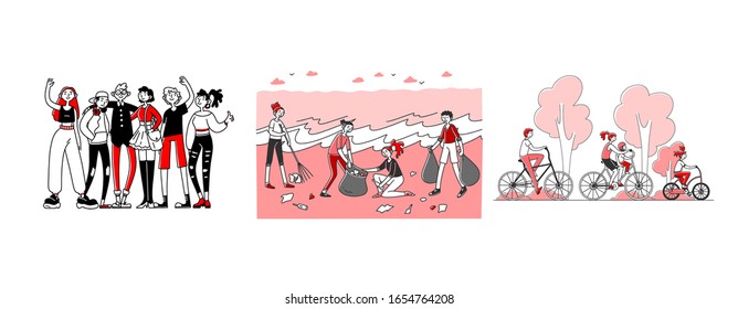 Community of people set. Volunteers collecting garbage, team of friends, riding bikes. Flat vector illustrations. Unity, friendship, teamwork concept for banner, website design or landing web page