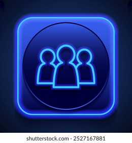 Comunidade, ícone simples de pessoas. Design plano. Estilo de néon azul no botão. Com shadow.ai