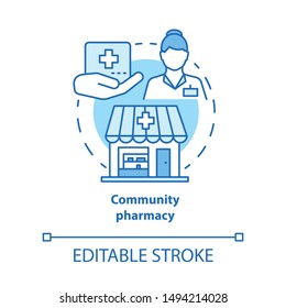 Community pharmacy concept icon. Social, government service idea thin line illustration. Free, insured apothecary. Discounted drugs, medicine. Vector isolated outline drawing. Editable stroke