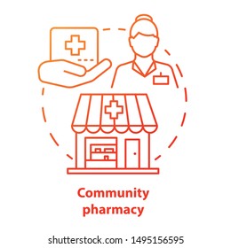 Community pharmacy concept icon. Social, government service idea thin line illustration. Free, insured apothecary. Discounted drugs, medicine. Vector isolated outline drawing