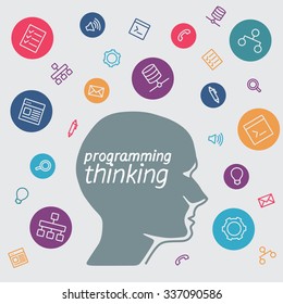 Community programmers and software icons. Cartoon head specialist in profile. Employee tools for computer. Vector flat illustration of character connection for background. Learning and training course