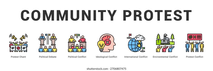 Comunidad Protesta Ilustración de Anuncio de Web moderno y limpio con íconos temáticos para la comunicación visual