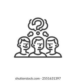 Community Questions line icon. linear style sign for mobile concept and web design. Three persons and a question cloud outline vector icon. Group discussion symbol, logo illustration. Vector graphics