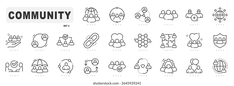 Community related line icons. Teamwork, support, group, friend etc. Editable stroke