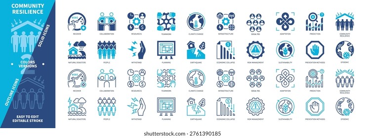 Community Resilience icon set. Withstand, Social Ties, Epidemic, Recovery, Adaptation, Prediction, Planning, Prevention. Duotone color solid and editable outline icons