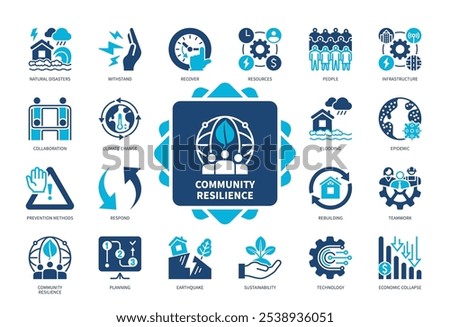 Community Resilience icon set. Withstand, Respond, Epidemic, Recovery, Disaster, Rebuilding, Planning, Prevention. Duotone color solid icons