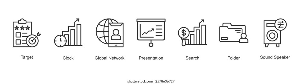 Community Response Icon Target, Clock, Global Network, Presentation, Search, Folder, Sound Speaker