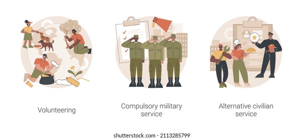 Community Service Abstract Concept Vector Illustration Set. Volunteering And Compulsory Military And Alternative Civilian Service, Mandatory Work, Non-profit Social Organization Abstract Metaphor.