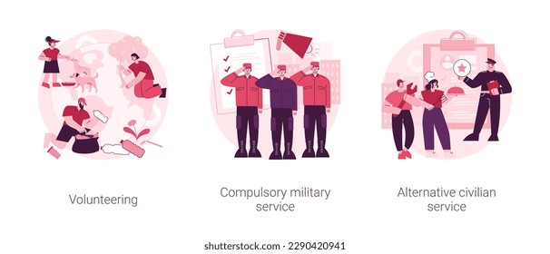 Community service abstract concept vector illustration set. Volunteering and compulsory military and alternative civilian service, mandatory work, non-profit social organization abstract metaphor.