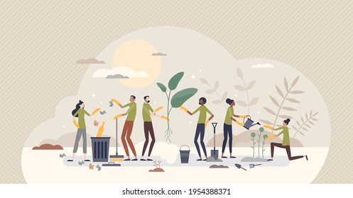 Community Service Care Or Social Valuable Work Activity Tiny Person Concept. Urban Landscaping And Environmental Movement With Volunteer Tree Planting And Trash Collecting Teamwork Vector Illustration