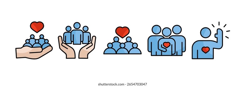 Community Service Icon Set Multiple Style Collection, Containing design Social Care, Community Support, Community Heart, Giving, Volunteer