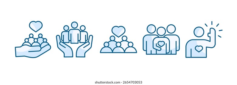 Community Service Icon Set Multiple Style Collection, Containing design Social Care, Community Support, Community Heart, Giving, Volunteer