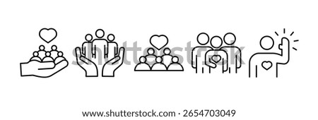 Community Service Icon Set Multiple Style Collection, Containing design Social Care, Community Support, Community Heart, Giving, Volunteer