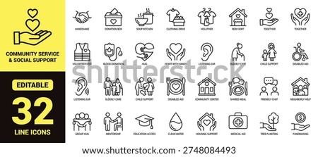 Community service and social support icon set with donation, volunteering, elderly care, child support, clean water, housing aid, medical help, and essential charity ranking symbols in clean line‑art style