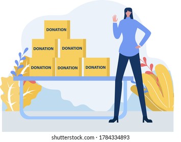 Community service vector concept: woman waving happily and kindly besides pile of Donation cardboard boxes