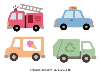 Community Service Vehicles Set, Cute Flat Fire Engine Taxi Ice Cream and Garbage Truck