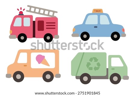 Community Service Vehicles Set, Cute Flat Fire Engine Taxi Ice Cream and Garbage Truck
