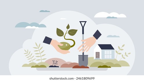Community service work for nature protection tiny person hands concept. Sustainable, environmental and ecological activities to save planet and raise awareness about earth future vector illustration.