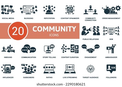 Community set. Creative icons: social media, blogging, reputation, content dymanizer, community connection, crisis management, public relations, sem, inbound, communication, story telling, content