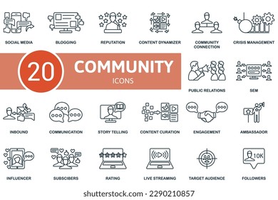 Community set. Creative icons: social media, blogging, reputation, content dymanizer, community connection, crisis management, public relations, sem, inbound, communication, story telling, content