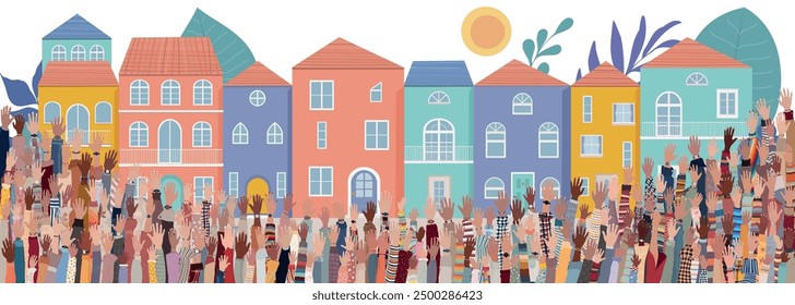 Community and sharing between neighbors. Neighborhood concept meeting or acts of care - care jobs. Raised hands of men women and children of diverse cultures with a background of houses