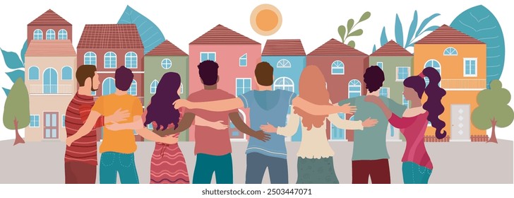 Community and sharing between neighbors. Neighborhood concept meeting or acts of care - care jobs. Group of embracing multicultural people seen from behind with a background of houses