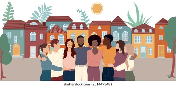 Community and sharing between neighbors. Neighborhood concept meeting or acts of care - care jobs.A group of multicultural people embracing seen from the front with a background of houses