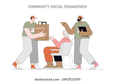 Concepto de compromiso social comunitario. Voluntarios haciendo donaciones a una anciana feliz en silla de ruedas. Acciones solidarias y caritativas de los jóvenes. Ilustración vectorial.