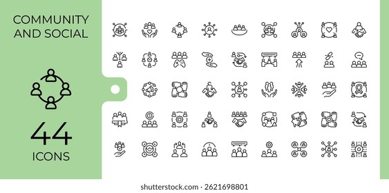 Community And Social icon set. Trendy minimal icons. Editable vector stroke. Charity icon set. Containing people, friend, network, social, relationship, community, hand and more.