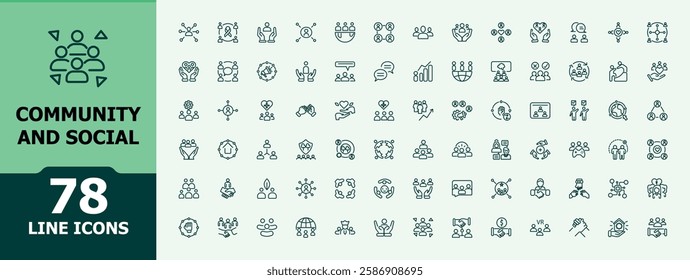 Community And Social icons set. It contains symbols to friendship, social, support, network, care, app and more. Minimal icon. Vector icon and illustration.