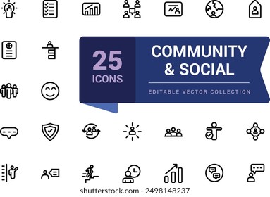 Community and social line icon set. Contains such icons as person, couples and groups. Minimalist thin linear web ui icon set. Simple editable vector stroke illustration.
