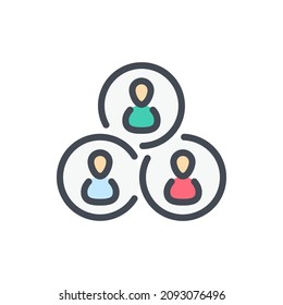 Icono de línea de color de cooperación de comunidad, red social y equipo. Círculos con personas dentro del vector delinean el signo colorido.