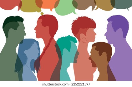 Community and social networks. International people in profile communicating. Speech bubble. Flat vector illustration