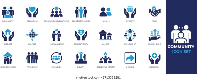 Community solid icon set for social groups, teamwork, collaboration, neighborhood, civic engagement, volunteering, and local events.
