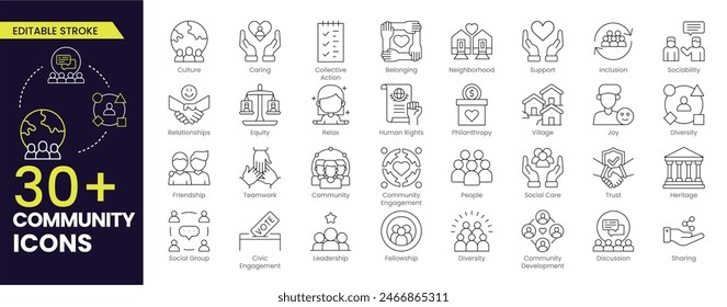 Community Stroke icon collections. Containing people, friendship, social, diversity, village, relationships, support and community development icons. Editable Stroke icon collection.