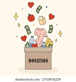 Cajas de donación de Asistencia comunitaria con alimentos, ropa y dinero en efectivo
