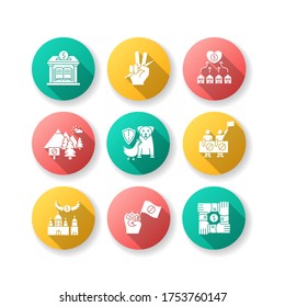 Community support flat design long shadow glyph icons set. Public strike. Money donation to library. Support free education. Protect wildlife, animal right. Silhouette RGB color illustration