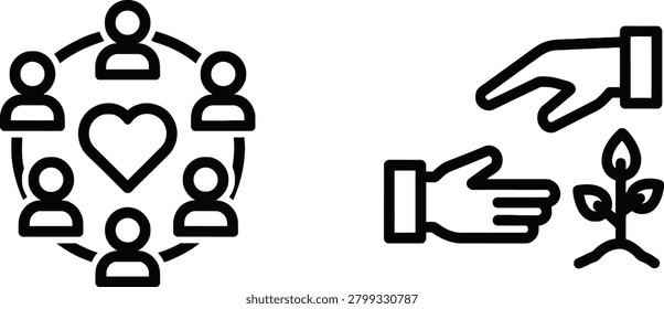 Community support and growth icon set with giving back community collaboration together seedling minimalist business friendship partnership humanity