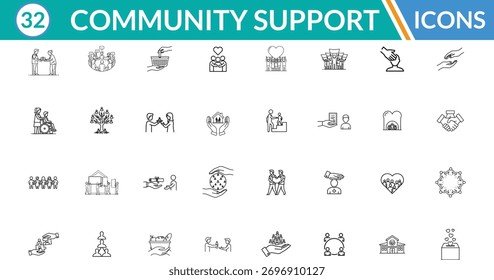 Community and Support  line icon set. Including Helping hands, Group of people, Donation box, Volunteer, Family care, Community building, Handshake, Heart symbol, Global. Vector line art illustration.