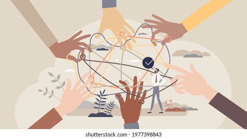 Community support and teamwork unity in complex challenge tiny person concept. Social help and partnership to solve common problem vector illustration. Global solidarity and diversity organization.