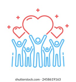 Community support volunteers and charity work. Vector thin line icon with raised arms volunteering crowd with hearts. Positive foundation, business, service