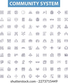 Community system line icons, signs set. Social, Network, Relationships, Platform, Connections, Interaction, Support, Participation, Community outline vector illustrations.