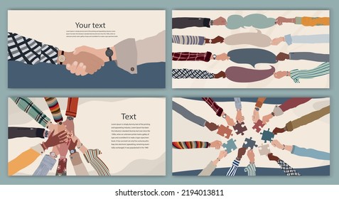 Community team business colleagues. Agreement or business between group co-workers. Editable web page - template or banner or cover poster. Hands holding puzzle and speech bubble.Handshake